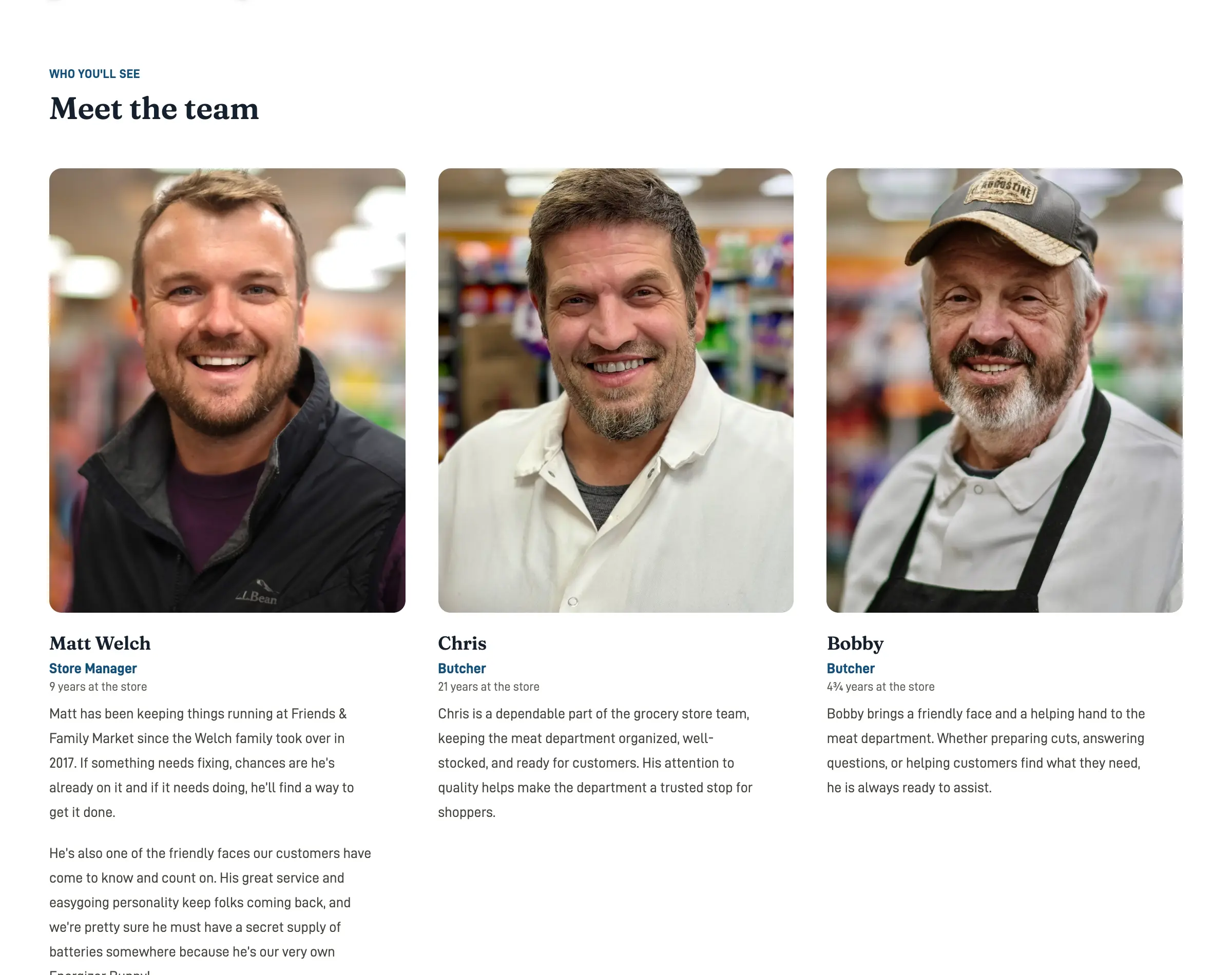 Meet the team section with staff portraits, job titles, years at the store, and bios