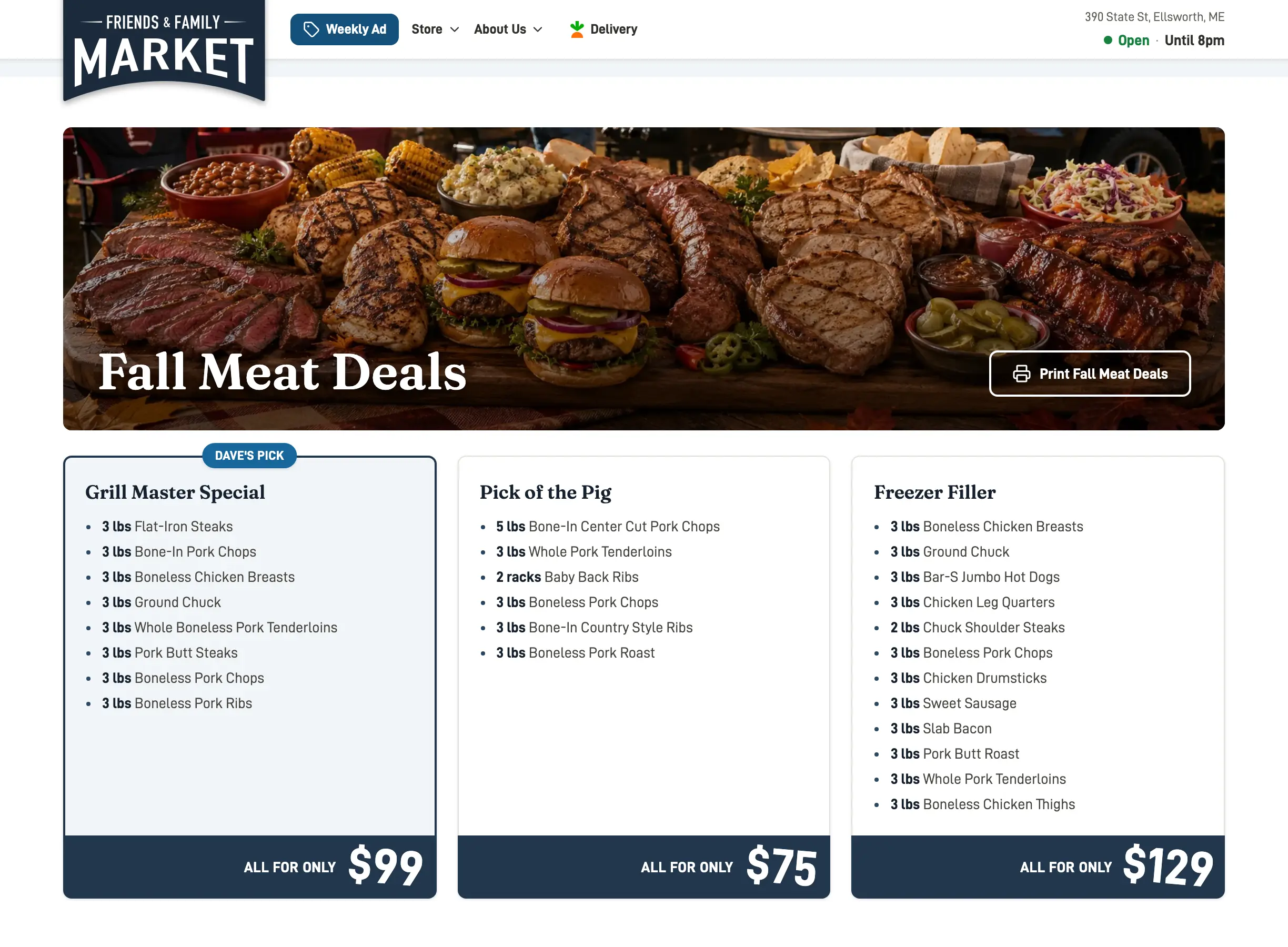 Butcher’s Bundles page listing preset meat bundles with pound-by-pound cuts