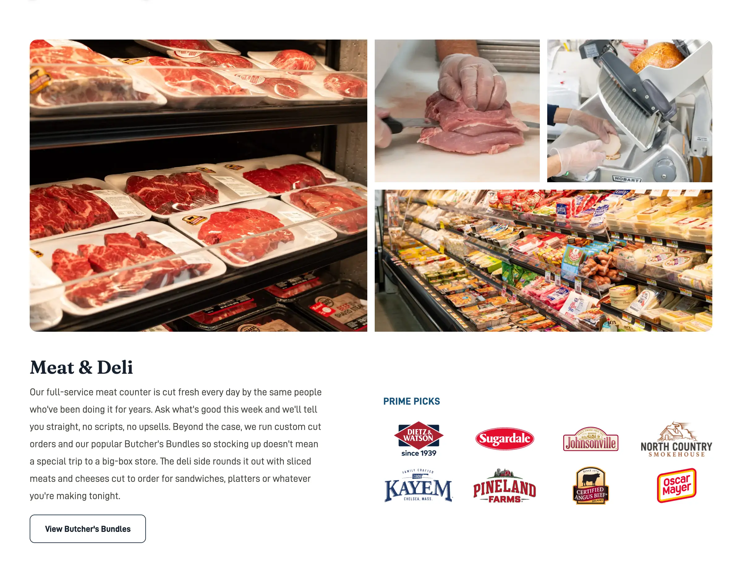 Meat & Deli section of the departments page with photos of the meat case, cutting and slicing, the description, and the brands carried