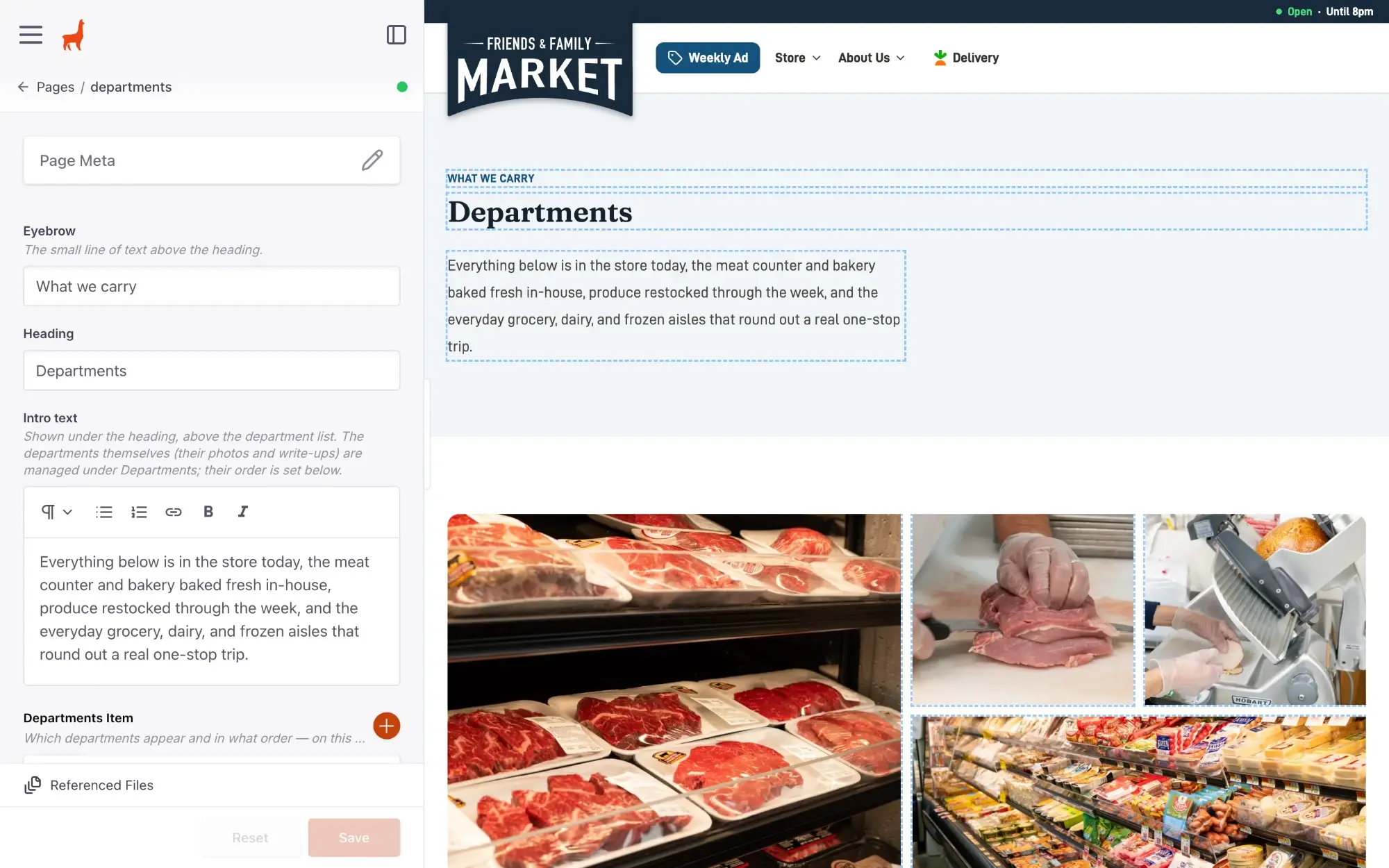 The site editor: a form for the Departments page on the left with a live preview of the page updating on the right