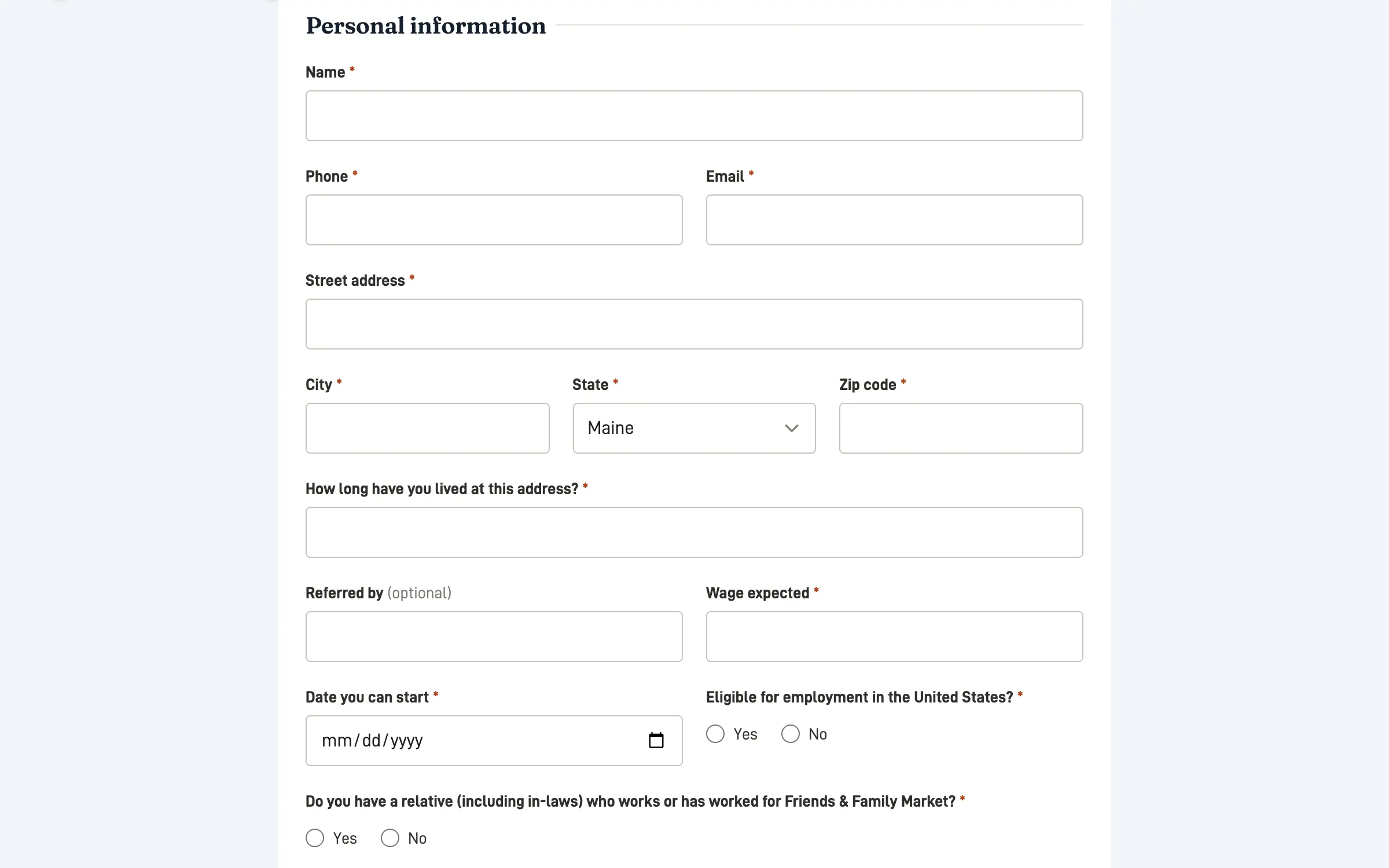 Online employment application with personal information fields