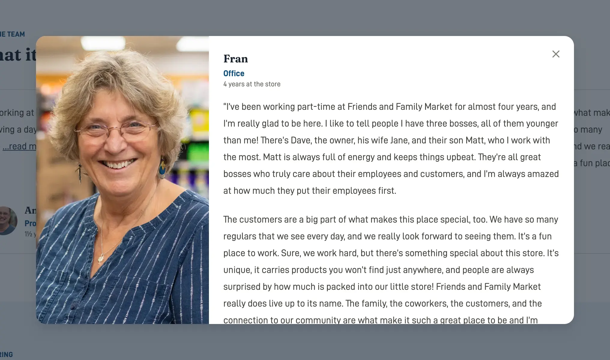 A staff quote opened in a modal: Fran, Office, with her photo and full quote about working at the store