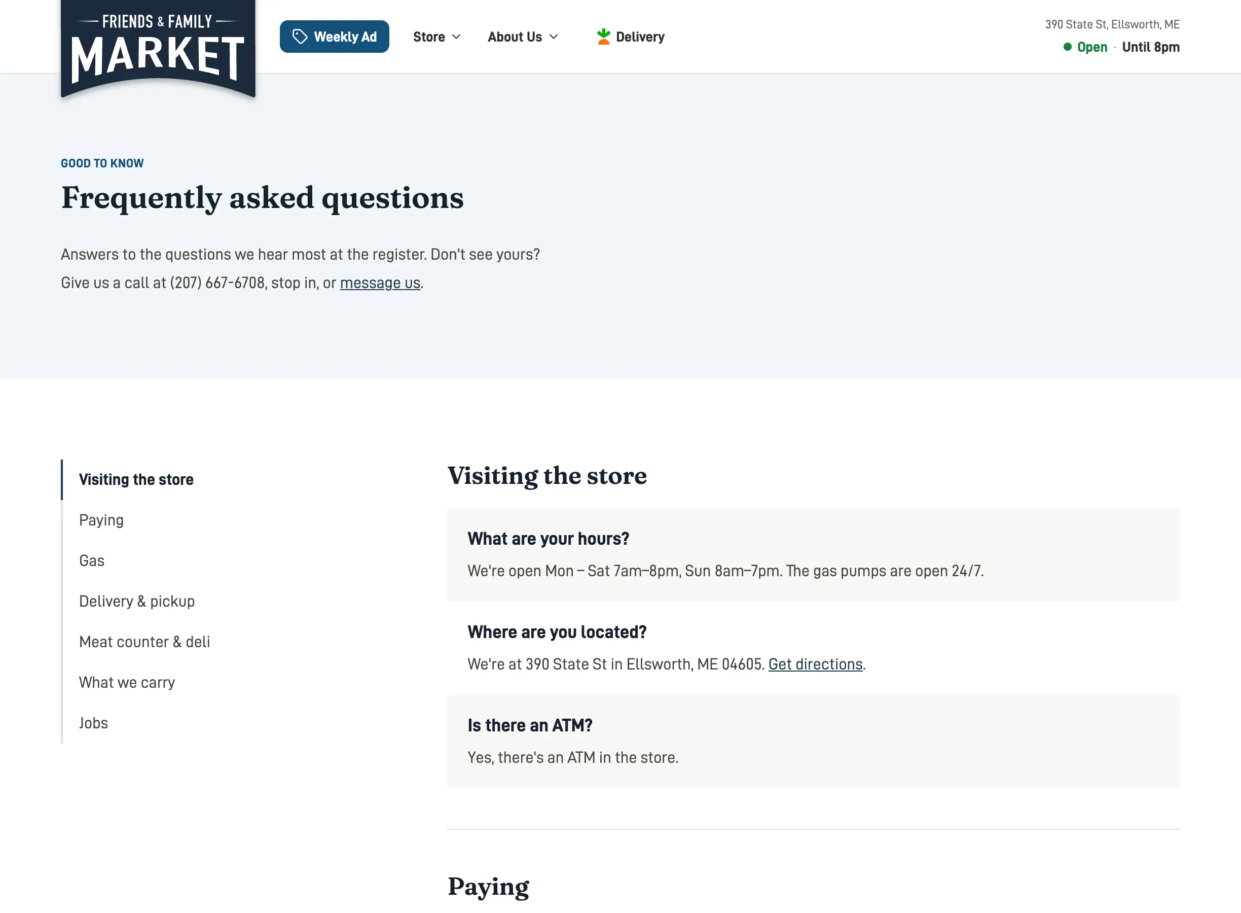FAQ page with grouped questions about visiting the store, paying, gas, delivery, the meat counter and jobs