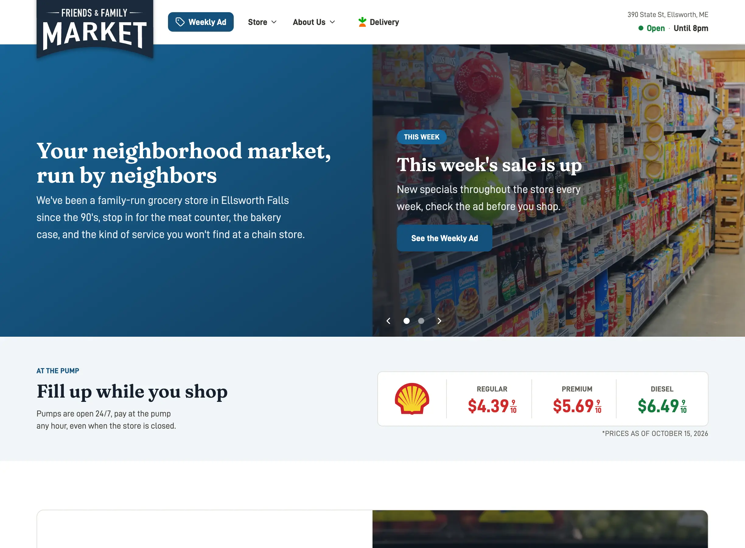 Homepage with the Weekly Ad button in the header and a “This week’s sale is up” carousel slide linking to the ad
