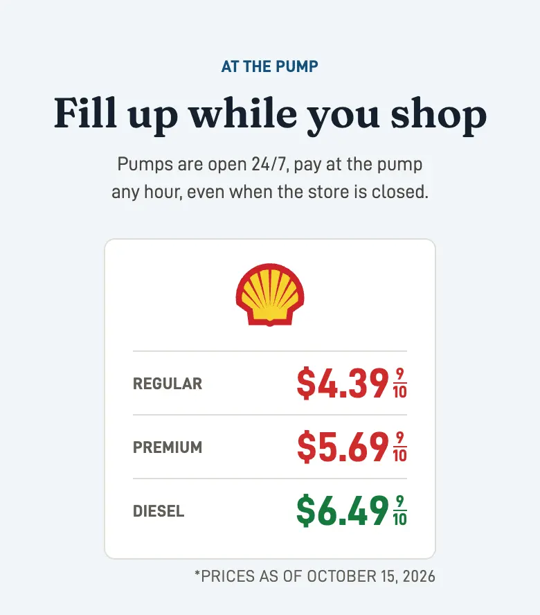 Gas price section on a phone: Shell logo with regular, premium, and diesel prices and the date they were updated